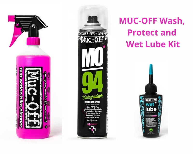 MUC-OFF Wash, Protect and Wet Lube Kit - pakkauksen tuotteet